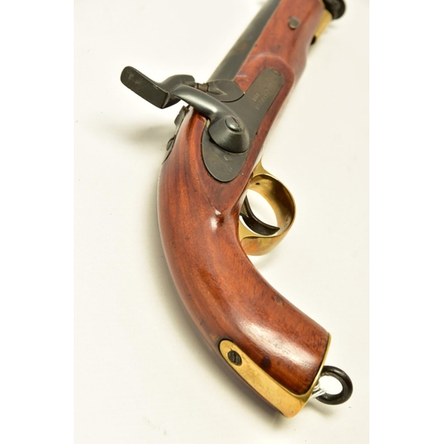 335 - AN ANTIQUE 19 BORE SINGLE BARREL PERCUSSION PISTOL fitted with a 8¼  barrel and  hinged ramrod, the ... 