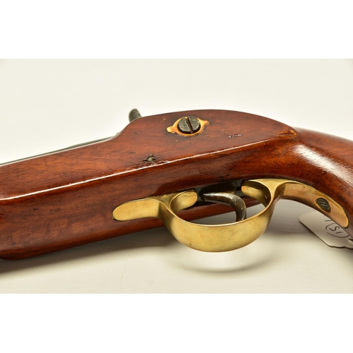 335 - AN ANTIQUE 19 BORE SINGLE BARREL PERCUSSION PISTOL fitted with a 8¼  barrel and  hinged ramrod, the ... 