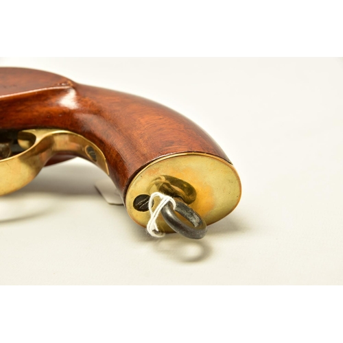 335 - AN ANTIQUE 19 BORE SINGLE BARREL PERCUSSION PISTOL fitted with a 8¼  barrel and  hinged ramrod, the ... 