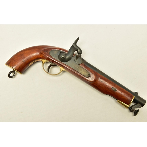 335 - AN ANTIQUE 19 BORE SINGLE BARREL PERCUSSION PISTOL fitted with a 8¼  barrel and  hinged ramrod, the ... 