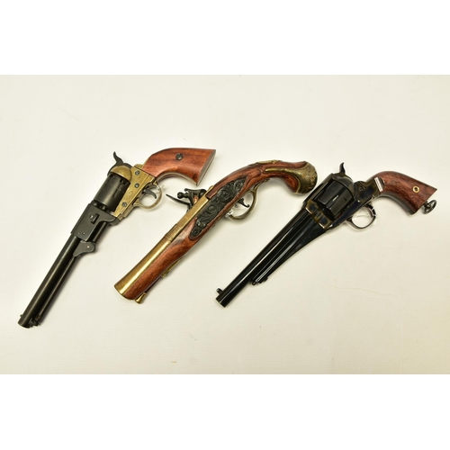 340 - THREE REPLICA PISTOLS, namely a poor quality model of a flintlock pistol, a high quality finish repl... 