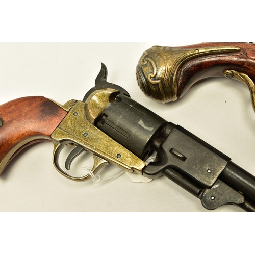 340 - THREE REPLICA PISTOLS, namely a poor quality model of a flintlock pistol, a high quality finish repl... 