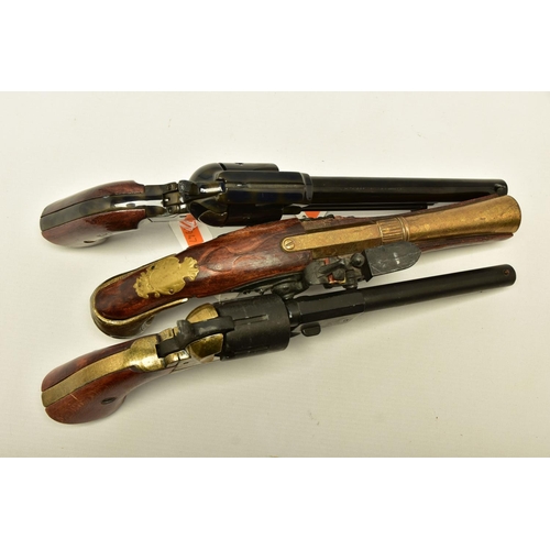 340 - THREE REPLICA PISTOLS, namely a poor quality model of a flintlock pistol, a high quality finish repl... 