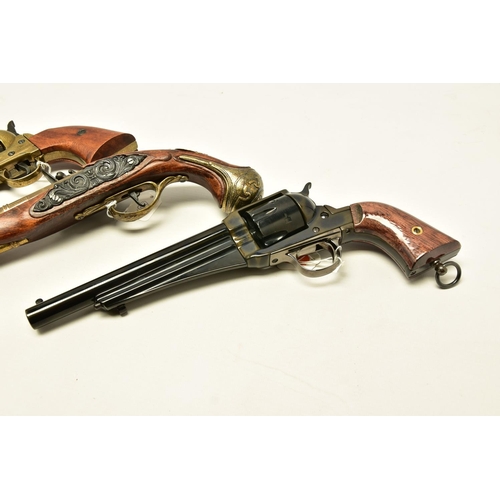 340 - THREE REPLICA PISTOLS, namely a poor quality model of a flintlock pistol, a high quality finish repl... 