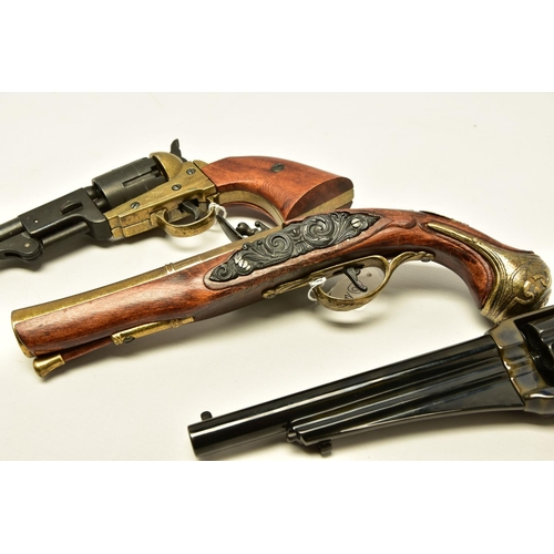 340 - THREE REPLICA PISTOLS, namely a poor quality model of a flintlock pistol, a high quality finish repl... 