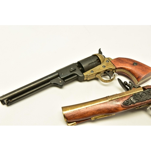 340 - THREE REPLICA PISTOLS, namely a poor quality model of a flintlock pistol, a high quality finish repl... 