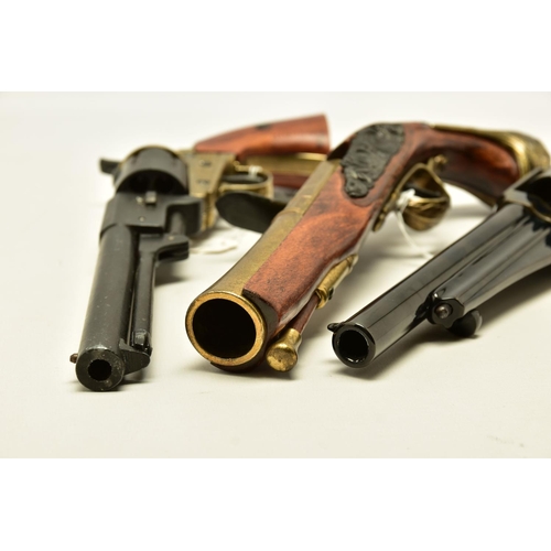 340 - THREE REPLICA PISTOLS, namely a poor quality model of a flintlock pistol, a high quality finish repl... 