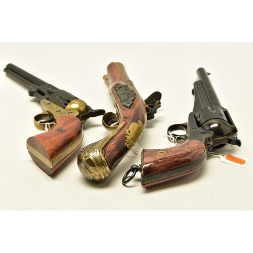 340 - THREE REPLICA PISTOLS, namely a poor quality model of a flintlock pistol, a high quality finish repl... 