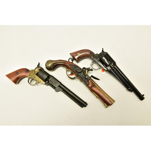 340 - THREE REPLICA PISTOLS, namely a poor quality model of a flintlock pistol, a high quality finish repl... 