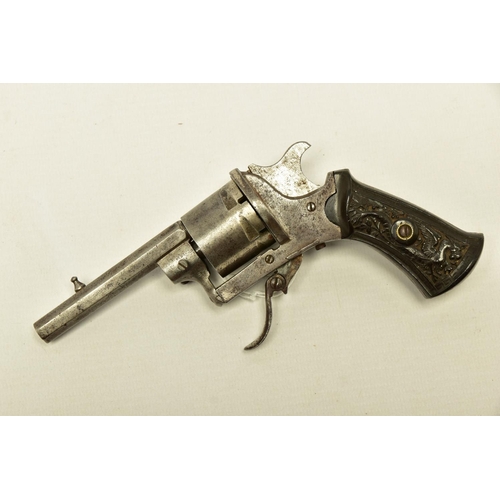 341 - AN ANTIQUE 7MM PIN-FIRE REVOLVER, made in Liege, It has been fitted with a replacement hammer and th... 