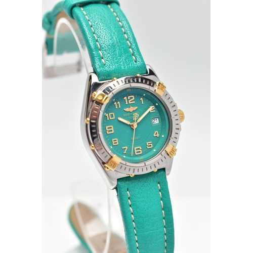 4 - A BREITLING 'WINGS' BI-COLOUR QUARTZ WRISTWATCH, the turquoise coloured dial, with gilt Arabic numer... 