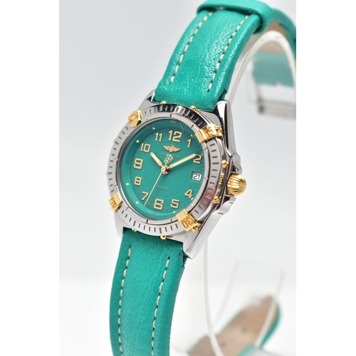 4 - A BREITLING 'WINGS' BI-COLOUR QUARTZ WRISTWATCH, the turquoise coloured dial, with gilt Arabic numer... 