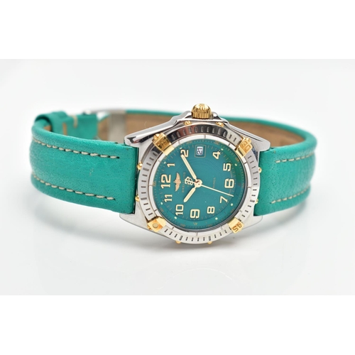 4 - A BREITLING 'WINGS' BI-COLOUR QUARTZ WRISTWATCH, the turquoise coloured dial, with gilt Arabic numer... 