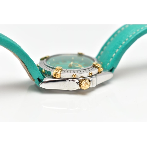 4 - A BREITLING 'WINGS' BI-COLOUR QUARTZ WRISTWATCH, the turquoise coloured dial, with gilt Arabic numer... 