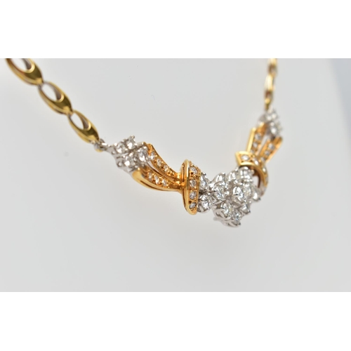 8 - A YELLOW AND WHITE METAL DIAMOND NECKLACE, the front designed as an openwork panel set throughout wi... 