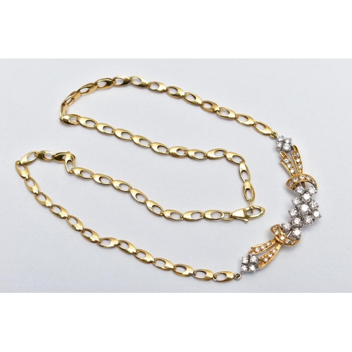 8 - A YELLOW AND WHITE METAL DIAMOND NECKLACE, the front designed as an openwork panel set throughout wi... 