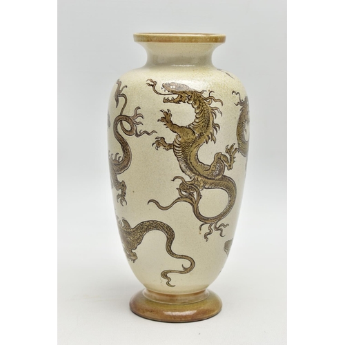 113 - A MARTIN BROTHERS STONEWARE BALUSTER VASE, flared rim over the cream glazed body incised with seven ... 