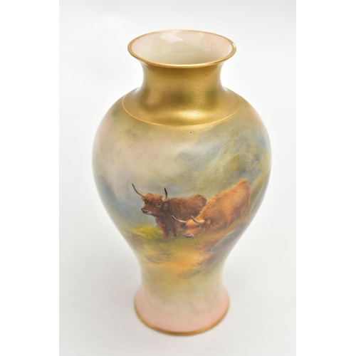 116 - A HARRY STINTON FOR ROYAL WORCESTER INVERTED BALUSTER VASE PAINTED WITH HIGHLAND CATTLE, gilt rim an... 