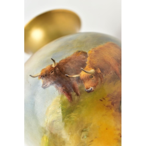 116 - A HARRY STINTON FOR ROYAL WORCESTER INVERTED BALUSTER VASE PAINTED WITH HIGHLAND CATTLE, gilt rim an... 