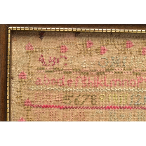 118 - A GEORGE IV NEEDLEWORK SAMPLER, the coarse linen ground worked in cottons and wool, a floral border ... 