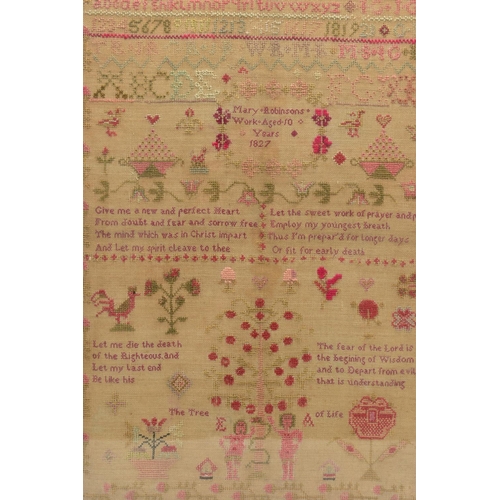 118 - A GEORGE IV NEEDLEWORK SAMPLER, the coarse linen ground worked in cottons and wool, a floral border ... 