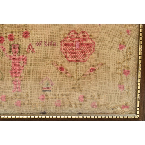 118 - A GEORGE IV NEEDLEWORK SAMPLER, the coarse linen ground worked in cottons and wool, a floral border ... 