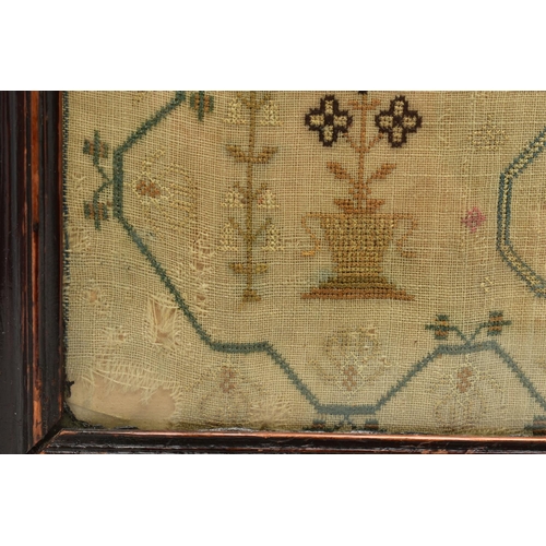 119 - A GEORGE III NEEDLEWORK SAMPLER, the linen ground worked in cottons and silks, the geometric and flo... 