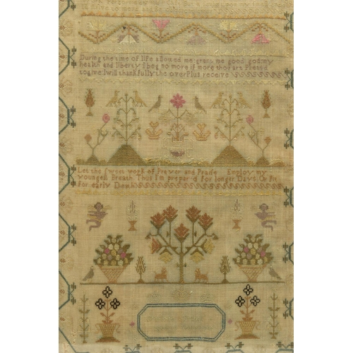 119 - A GEORGE III NEEDLEWORK SAMPLER, the linen ground worked in cottons and silks, the geometric and flo... 