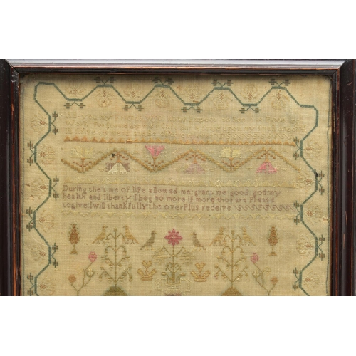 119 - A GEORGE III NEEDLEWORK SAMPLER, the linen ground worked in cottons and silks, the geometric and flo... 