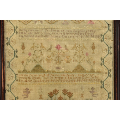 119 - A GEORGE III NEEDLEWORK SAMPLER, the linen ground worked in cottons and silks, the geometric and flo... 