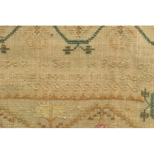 119 - A GEORGE III NEEDLEWORK SAMPLER, the linen ground worked in cottons and silks, the geometric and flo... 