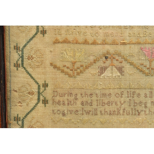 119 - A GEORGE III NEEDLEWORK SAMPLER, the linen ground worked in cottons and silks, the geometric and flo... 