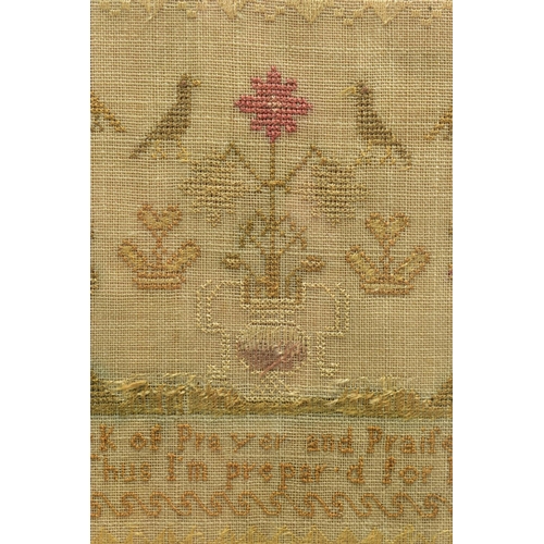 119 - A GEORGE III NEEDLEWORK SAMPLER, the linen ground worked in cottons and silks, the geometric and flo... 