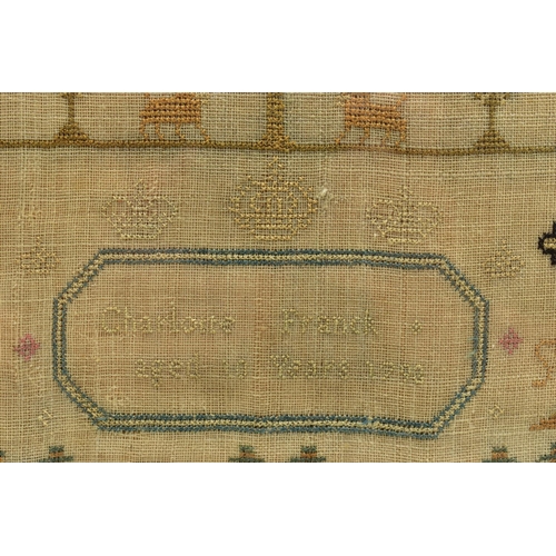 119 - A GEORGE III NEEDLEWORK SAMPLER, the linen ground worked in cottons and silks, the geometric and flo... 