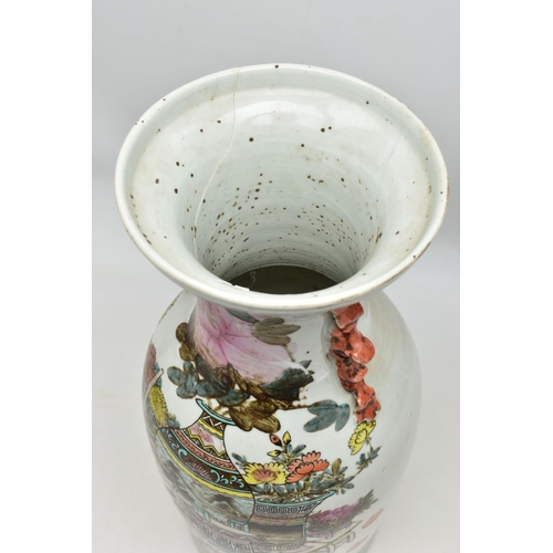 121 - A LATE 19TH / EARLY 20TH CENTURY CHINESE PORCELAIN TWIN HANDLED VASE, polychrome enamelled with vase... 