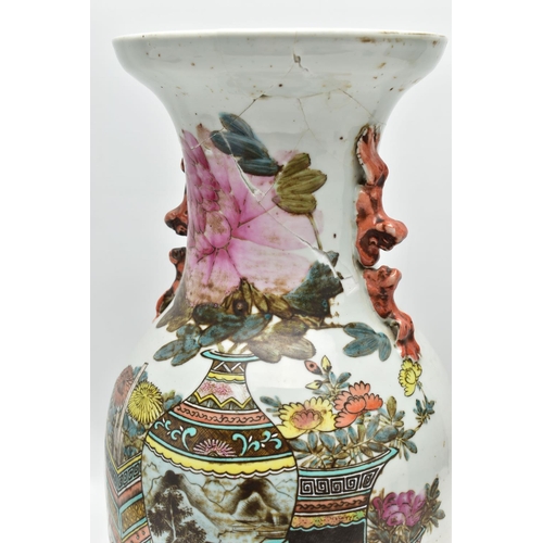 121 - A LATE 19TH / EARLY 20TH CENTURY CHINESE PORCELAIN TWIN HANDLED VASE, polychrome enamelled with vase... 