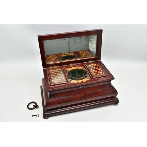 122 - A VICTORIAN LARGE MAHOGANY AND INLAID BOMBE SHAPED TEA CADDY, the hinged cover with parquetry cube i... 