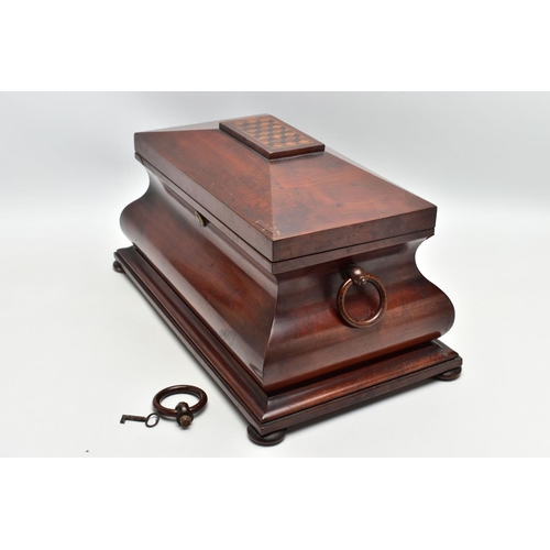 122 - A VICTORIAN LARGE MAHOGANY AND INLAID BOMBE SHAPED TEA CADDY, the hinged cover with parquetry cube i... 