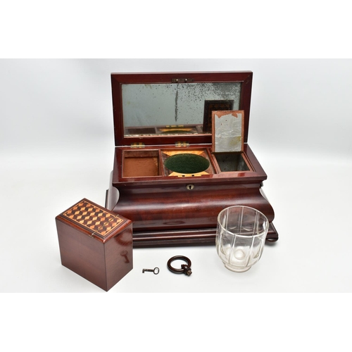 122 - A VICTORIAN LARGE MAHOGANY AND INLAID BOMBE SHAPED TEA CADDY, the hinged cover with parquetry cube i... 