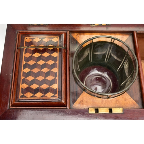 122 - A VICTORIAN LARGE MAHOGANY AND INLAID BOMBE SHAPED TEA CADDY, the hinged cover with parquetry cube i... 