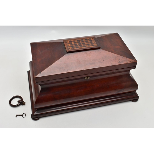 122 - A VICTORIAN LARGE MAHOGANY AND INLAID BOMBE SHAPED TEA CADDY, the hinged cover with parquetry cube i... 