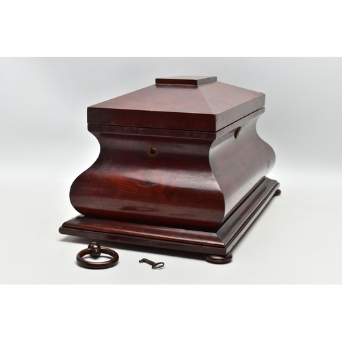 122 - A VICTORIAN LARGE MAHOGANY AND INLAID BOMBE SHAPED TEA CADDY, the hinged cover with parquetry cube i... 