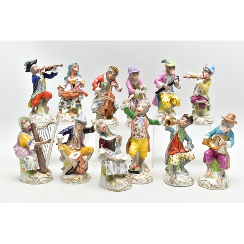 123 - A TWELVE PIECE 20TH CENTURY (POTSCHAPPEL) DRESDEN PORCELAIN MONKEY ORCHESTRA,  comprising conductor,... 