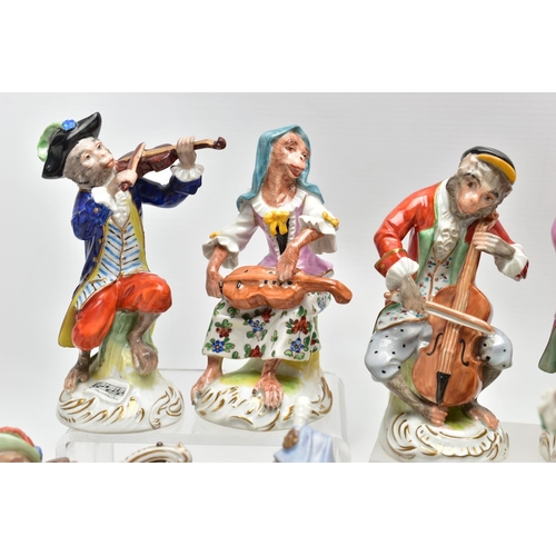 123 - A TWELVE PIECE 20TH CENTURY (POTSCHAPPEL) DRESDEN PORCELAIN MONKEY ORCHESTRA,  comprising conductor,... 