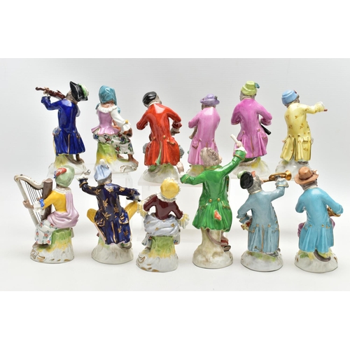 123 - A TWELVE PIECE 20TH CENTURY (POTSCHAPPEL) DRESDEN PORCELAIN MONKEY ORCHESTRA,  comprising conductor,... 