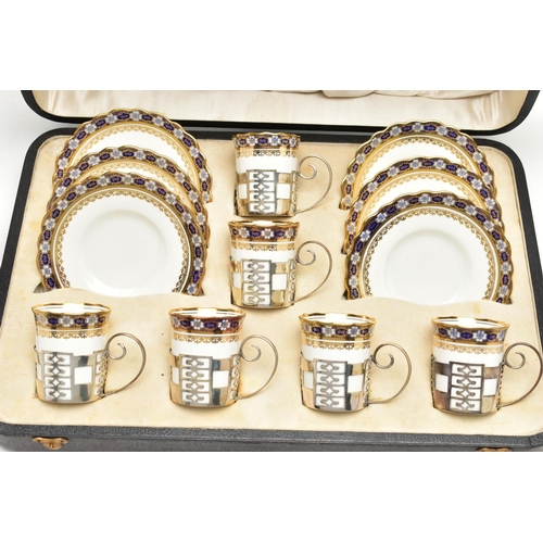 128 - A 'WALKER & HALL' CASED SET OF SIX AYNSLEY COFFEE CANS IN HALLMARKED SILVER SLEEVES AND SIX SAUCERS,... 