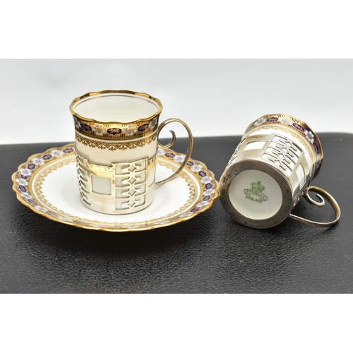 128 - A 'WALKER & HALL' CASED SET OF SIX AYNSLEY COFFEE CANS IN HALLMARKED SILVER SLEEVES AND SIX SAUCERS,... 