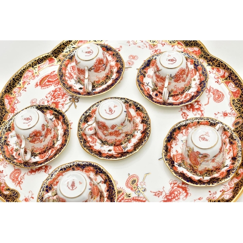 134 - A ROYAL CROWN DERBY IMARI 2469 (SCISSOR) PATTERN WAVY CIRCULAR CABARET TRAY AND SIX MATCHING COFFEE ... 