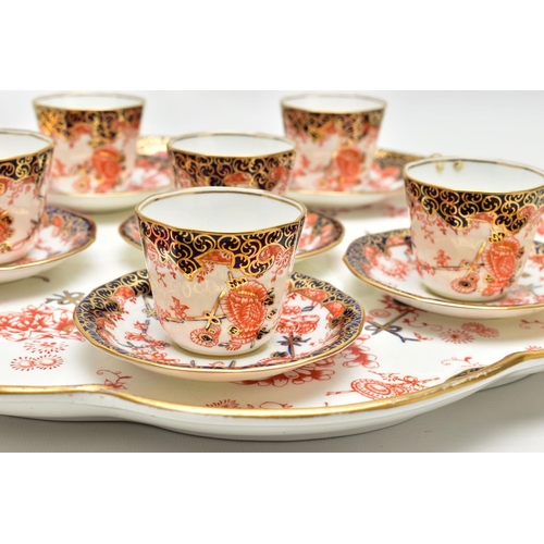 134 - A ROYAL CROWN DERBY IMARI 2469 (SCISSOR) PATTERN WAVY CIRCULAR CABARET TRAY AND SIX MATCHING COFFEE ... 