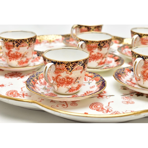 134 - A ROYAL CROWN DERBY IMARI 2469 (SCISSOR) PATTERN WAVY CIRCULAR CABARET TRAY AND SIX MATCHING COFFEE ... 